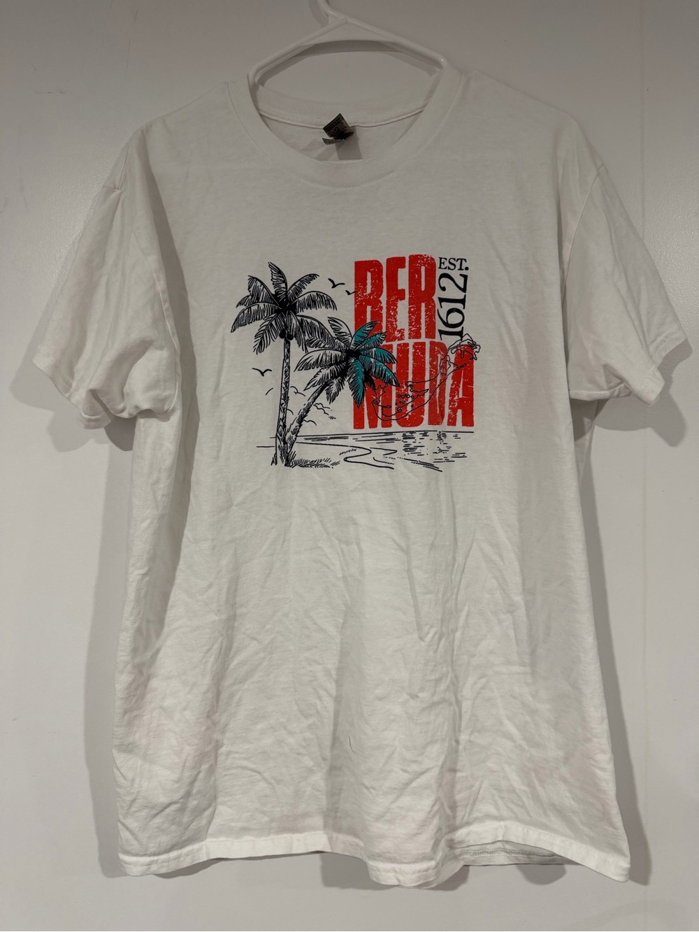 Gildan Bermuda Graphic Tee - White with Red & Teal Print